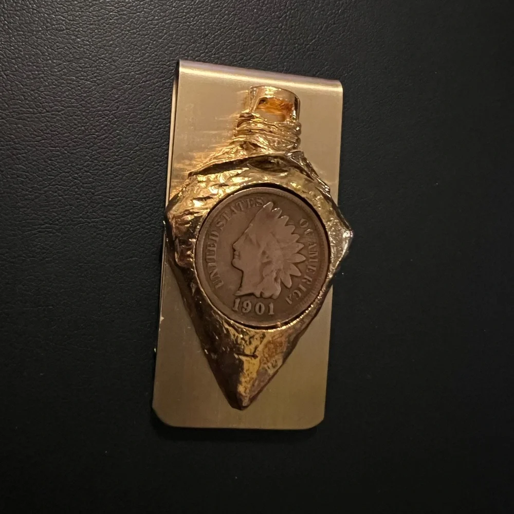 1901💥Rare~Vintage💥United States Indian Head Coin Gold Tone Money Clip